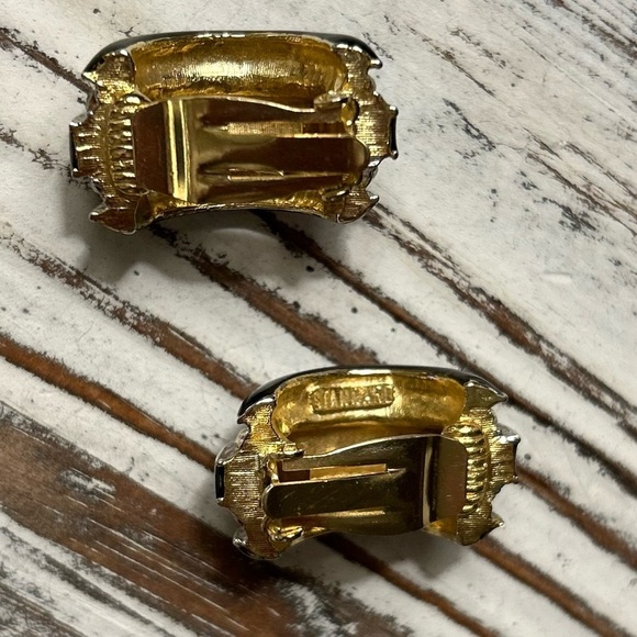 Donald Stannard VTG Black Gold Half Hoop Earrings Clip On Enamel Rhinestone - Picture 7 of 12